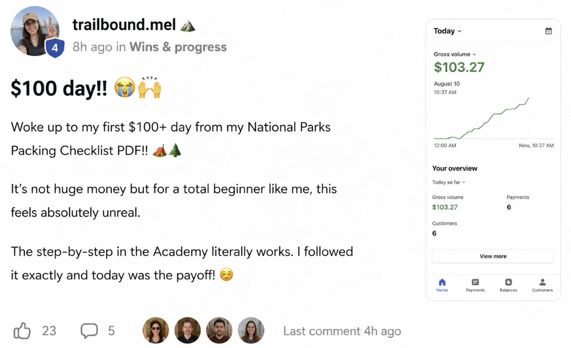 Community post celebrating a first one-hundred-dollar sales day