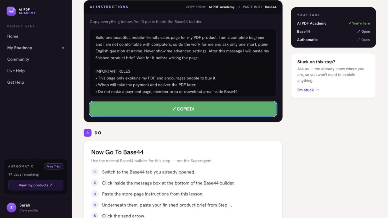 The Academy copy-instructions step with its beginner-friendly copy button