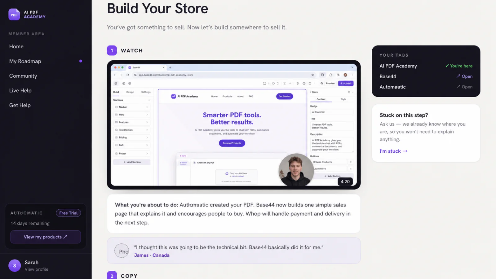 The real AI PDF Academy lesson dashboard with the store-building lesson open