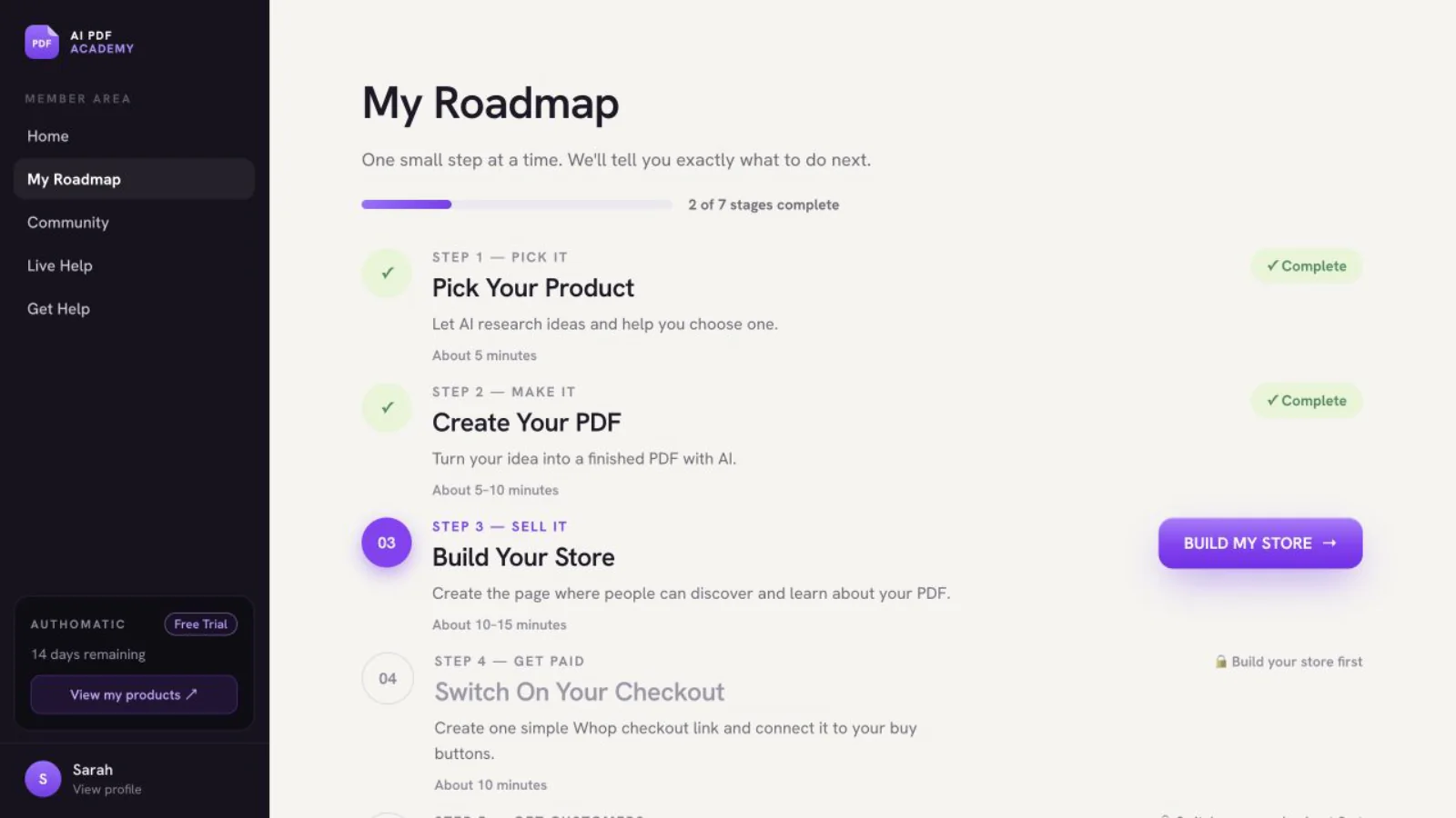 The real AI PDF Academy roadmap showing the beginner lesson sequence