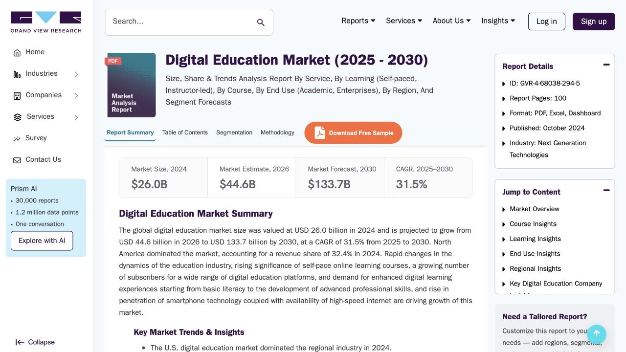 Grand View Research digital education market report forecasting 133.7 billion dollars by 2030