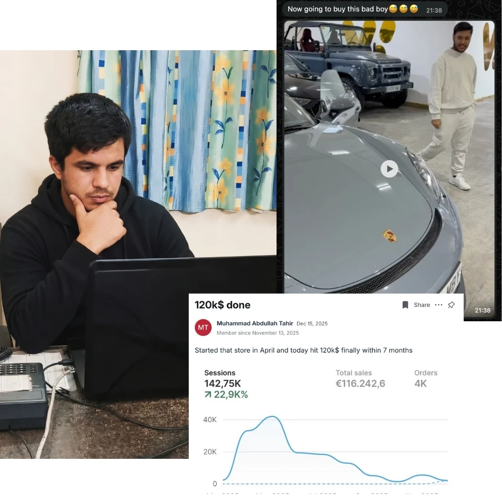 Muhammad with his digital product sales dashboard and Porsche