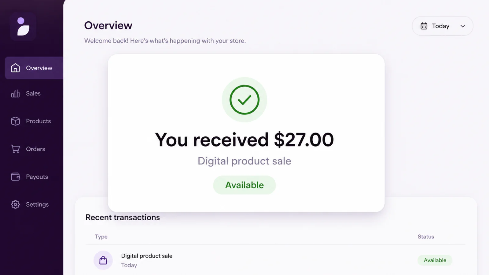 A generic notification confirming a twenty-seven dollar digital product sale