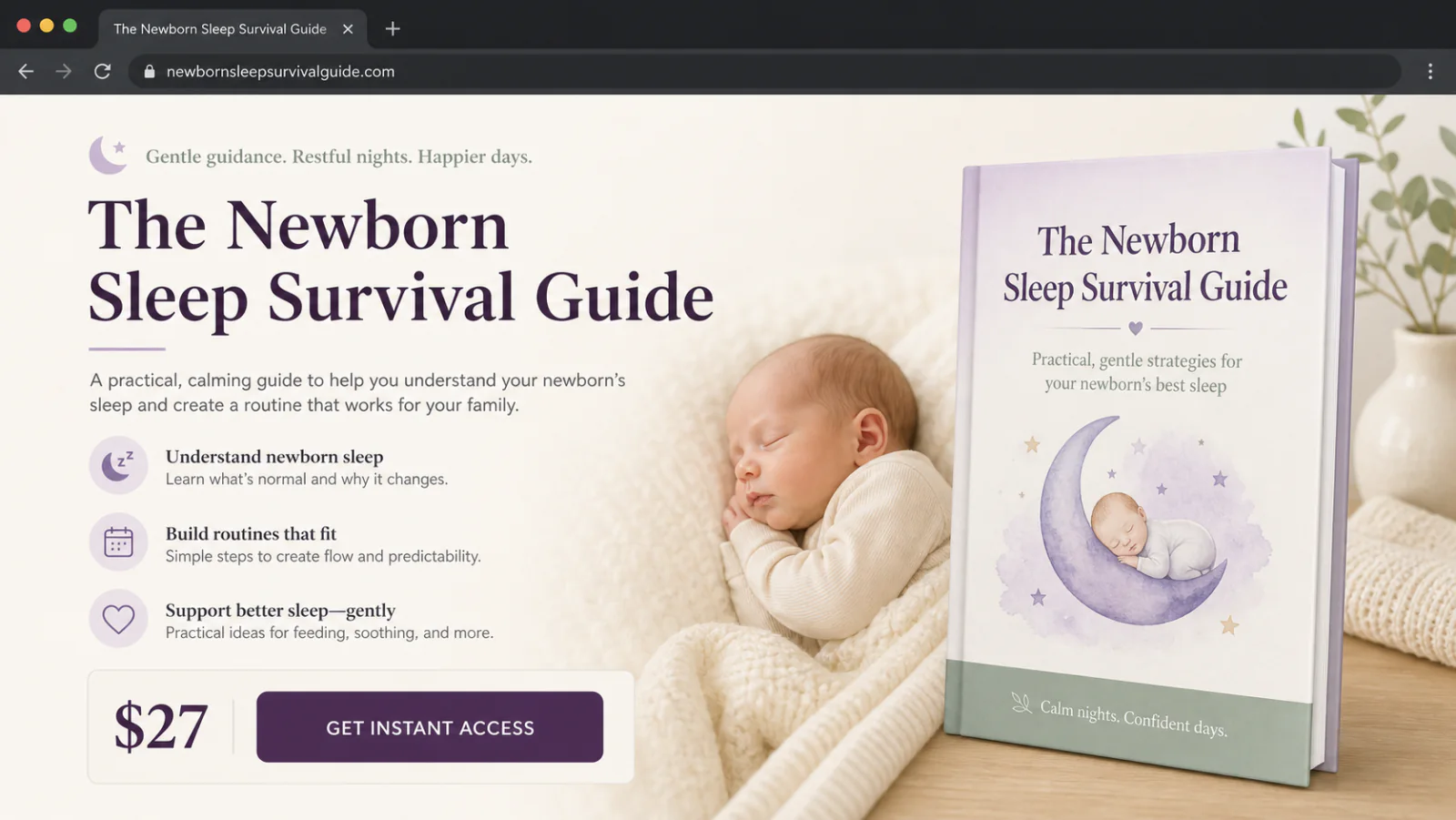 A polished sales page for The Newborn Sleep Survival Guide