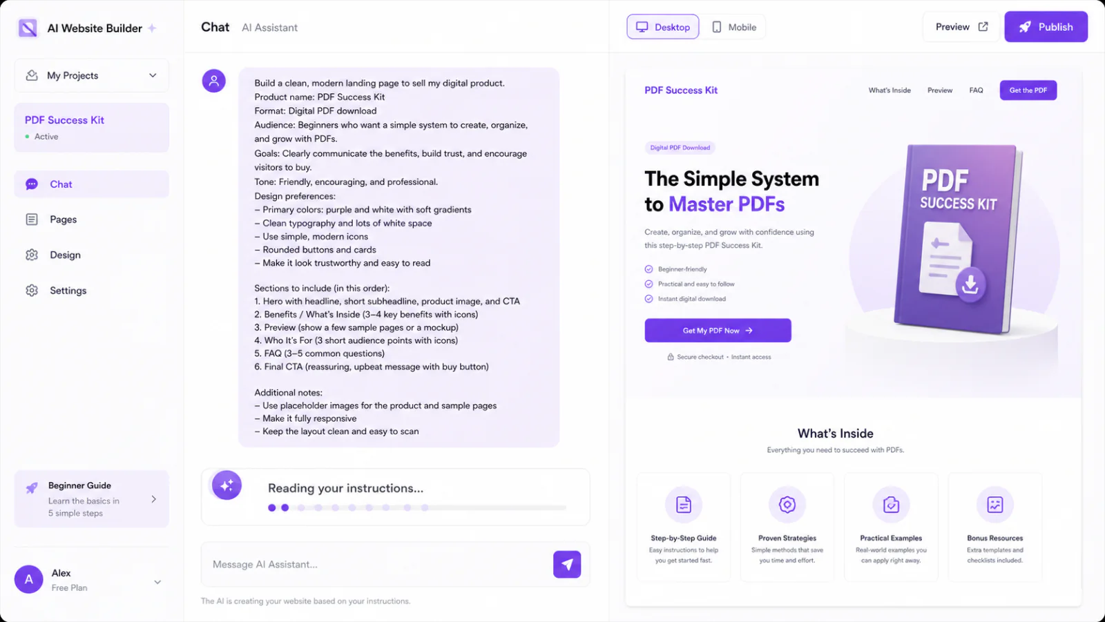 An AI website builder reading the provided landing-page instructions