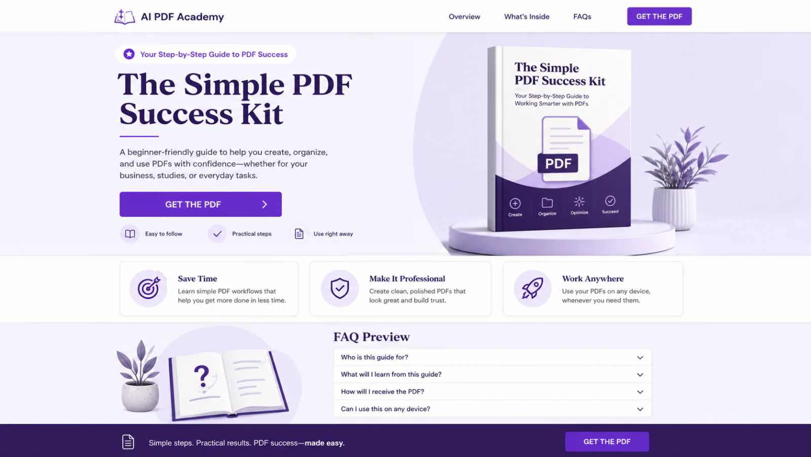 The finished digital product landing page created from those instructions